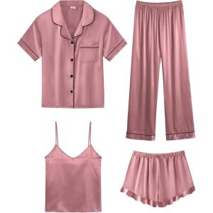 imageSWOMOG Womens Silk Satin Pajamas Sets 4pcs Loungewear Sexy Cami Shorts Set Button Down Long Sleeve Pjs SleepwearShort Sleevemisty Rose