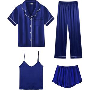 imageSWOMOG Womens Silk Satin Pajamas Sets 4pcs Loungewear Sexy Cami Shorts Set Button Down Long Sleeve Pjs SleepwearShort Sleevenavy Blue