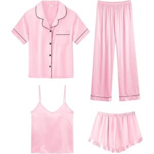 imageSWOMOG Womens Silk Satin Pajamas Sets 4pcs Loungewear Sexy Cami Shorts Set Button Down Long Sleeve Pjs SleepwearShort Sleevepink
