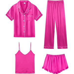 imageSWOMOG Womens Silk Satin Pajamas Sets 4pcs Loungewear Sexy Cami Shorts Set Button Down Long Sleeve Pjs SleepwearShort Sleeverose Red
