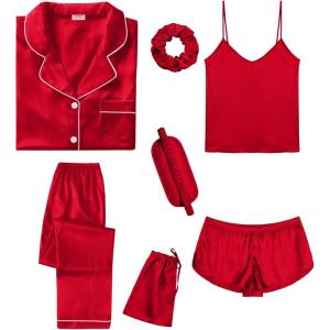 imageSWOMOG Womens Silk Satin Pajamas Sets 7pcs Sleepwear Sexy Cami Shorts Set and Button Down Short Sleeve Satin PjsChristmas Red