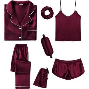 imageSWOMOG Womens Silk Satin Pajamas Sets 7pcs Sleepwear Sexy Cami Shorts Set and Button Down Short Sleeve Satin PjsDeep Wine Red