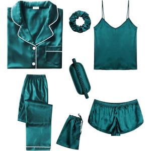 imageSWOMOG Womens Silk Satin Pajamas Sets 7pcs Sleepwear Sexy Cami Shorts Set and Button Down Short Sleeve Satin PjsGreen