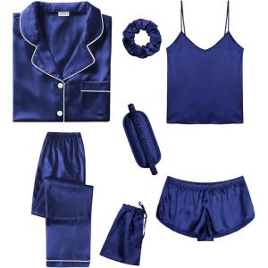 imageSWOMOG Womens Silk Satin Pajamas Sets 7pcs Sleepwear Sexy Cami Shorts Set and Button Down Short Sleeve Satin PjsNavy Blue