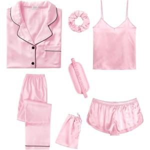 imageSWOMOG Womens Silk Satin Pajamas Sets 7pcs Sleepwear Sexy Cami Shorts Set and Button Down Short Sleeve Satin PjsPink