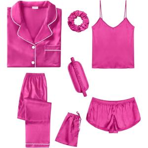 imageSWOMOG Womens Silk Satin Pajamas Sets 7pcs Sleepwear Sexy Cami Shorts Set and Button Down Short Sleeve Satin PjsRose Red