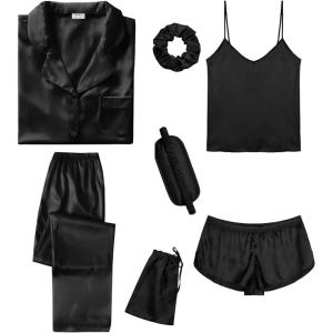 imageSWOMOG Womens Silk Satin Pajamas Sets 7pcs Sleepwear Sexy Cami Shorts Set and Button Down Short Sleeve Satin PjsSolid Black