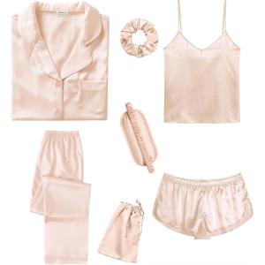 imageSWOMOG Womens Silk Satin Pajamas Sets 7pcs Sleepwear Sexy Cami Shorts Set and Button Down Short Sleeve Satin PjsSolid Champagne