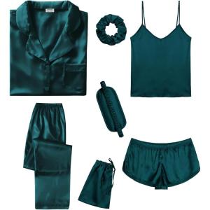 imageSWOMOG Womens Silk Satin Pajamas Sets 7pcs Sleepwear Sexy Cami Shorts Set and Button Down Short Sleeve Satin PjsSolid Deep Green