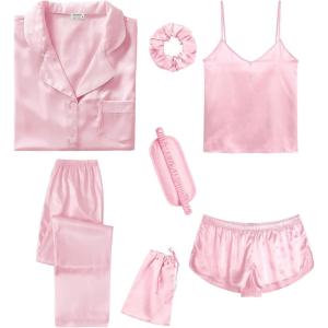 imageSWOMOG Womens Silk Satin Pajamas Sets 7pcs Sleepwear Sexy Cami Shorts Set and Button Down Short Sleeve Satin PjsSolid Pink