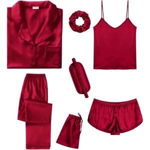 imageSWOMOG Womens Silk Satin Pajamas Sets 7pcs Sleepwear Sexy Cami Shorts Set and Button Down Short Sleeve Satin PjsSolid Red