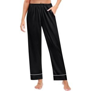 imageSWOMOG Womens Silk Satin Pajama Pants Longs Silky Sleep Pants Loungewear Trousers Elastic Waist Lounge Pj BottomsPippingblack