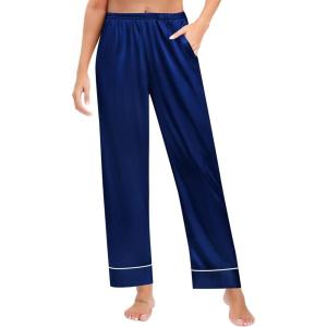 imageSWOMOG Womens Silk Satin Pajama Pants Longs Silky Sleep Pants Loungewear Trousers Elastic Waist Lounge Pj BottomsPippingnavy Blue