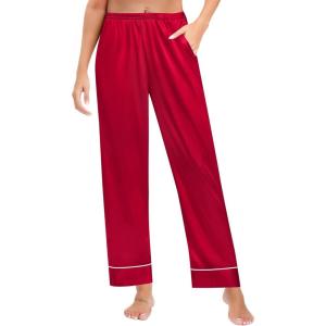 imageSWOMOG Womens Silk Satin Pajama Pants Longs Silky Sleep Pants Loungewear Trousers Elastic Waist Lounge Pj BottomsPippingred