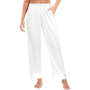 imageSWOMOG Womens Silk Satin Pajama Pants Longs Silky Sleep Pants Loungewear Trousers Elastic Waist Lounge Pj BottomsPippingwhite