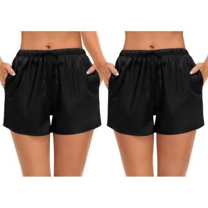 imageSWOMOG Womens Silk Stain Pajama Shorts Pj Bottoms with Pockets Drawstring Sleep Shorts Boxer Soft Lounge ShortsBlackBlack