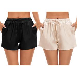 imageSWOMOG Womens Silk Stain Pajama Shorts Pj Bottoms with Pockets Drawstring Sleep Shorts Boxer Soft Lounge ShortsBlackChampagne