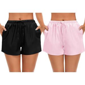 imageSWOMOG Womens Silk Stain Pajama Shorts Pj Bottoms with Pockets Drawstring Sleep Shorts Boxer Soft Lounge ShortsBlackPink