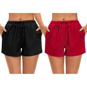 imageSWOMOG Womens Silk Stain Pajama Shorts Pj Bottoms with Pockets Drawstring Sleep Shorts Boxer Soft Lounge ShortsBlackRed