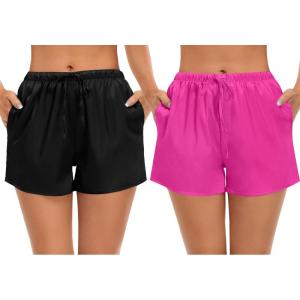 imageSWOMOG Womens Silk Stain Pajama Shorts Pj Bottoms with Pockets Drawstring Sleep Shorts Boxer Soft Lounge ShortsBlackRose Red