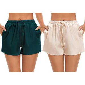 imageSWOMOG Womens Silk Stain Pajama Shorts Pj Bottoms with Pockets Drawstring Sleep Shorts Boxer Soft Lounge ShortsDeep GreenChampagne