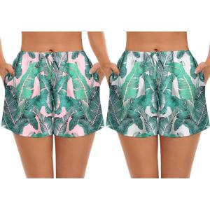 imageSWOMOG Womens Silk Stain Pajama Shorts Pj Bottoms with Pockets Drawstring Sleep Shorts Boxer Soft Lounge ShortsPink LeavesWhite Leaves