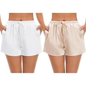 imageSWOMOG Womens Silk Stain Pajama Shorts Pj Bottoms with Pockets Drawstring Sleep Shorts Boxer Soft Lounge ShortsWhiteChampagne