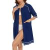 imageSWOMOG Women Zip Up Robe 34 Sleeve Housecoat Soft Cotton Zipper Front Nightgown Loungewear with PocketsZnavy Blue