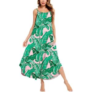 imageSWOMOG Women Long Nightgown Pajama Dress Soft Strap Nightdress Summer Sleeveless Nightshirt Lounge Dress with PocketsPink Leaves