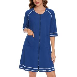 imageSWOMOG Women Zip Up Robe 34 Sleeve Housecoat Soft Cotton Zipper Front Nightgown Loungewear with PocketsZnavy