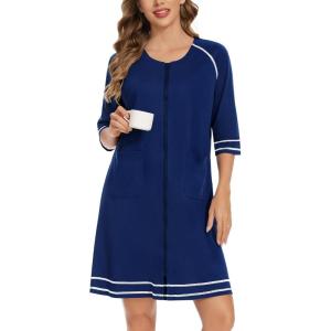 imageSWOMOG Women Zip Up Robe 34 Sleeve Housecoat Soft Cotton Zipper Front Nightgown Loungewear with PocketsZnavy Blue