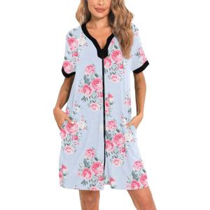 imageSWOMOG Women Zipper Front House Coat Short Sleeves Robe Zip up Bathrobes Short Nightgown with Pockets S3XLBlue Flower