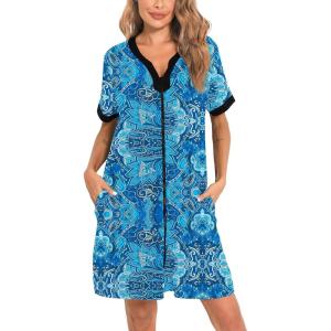 imageSWOMOG Women Zipper Front House Coat Short Sleeves Robe Zip up Bathrobes Short Nightgown with Pockets S3XLBlue Paisle