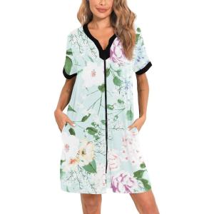 imageSWOMOG Women Zipper Front House Coat Short Sleeves Robe Zip up Bathrobes Short Nightgown with Pockets S3XLGreen Flower