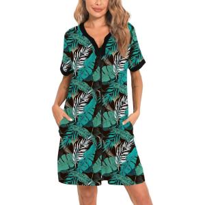 imageSWOMOG Women Zipper Front House Coat Short Sleeves Robe Zip up Bathrobes Short Nightgown with Pockets S3XLGreen Leaves