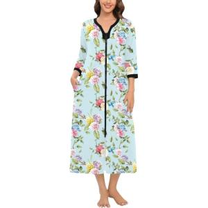 imageSWOMOG Women Zipper Robe Long Housecoat Zip Up Bathrobes Full Length Nightgown Loungewear with Pockets S3XLFloral Green