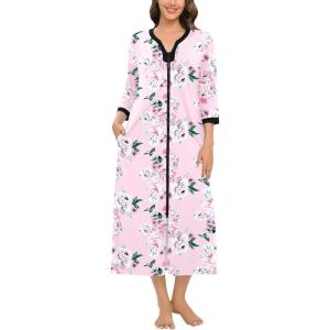 imageSWOMOG Women Zipper Robe Long Housecoat Zip Up Bathrobes Full Length Nightgown Loungewear with Pockets S3XLFloral Pink
