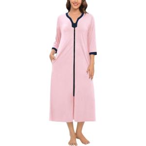 imageSWOMOG Women Zipper Robe Long Housecoat Zip Up Bathrobes Full Length Nightgown Loungewear with Pockets S3XLPink