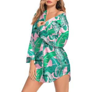 imageSWOMOG Womens Satin Sleep Shirt Long Sleeve Sleepwear Silk Nightshirt Button Down Pajama TopPink Leaves