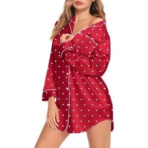 imageSWOMOG Womens Satin Sleep Shirt Long Sleeve Sleepwear Silk Nightshirt Button Down Pajama TopRed Dot