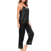 imageSWOMOG Womens Silk Satin Pajamas Set TwoPiece Pj Sets Cami Top and Capris Pants Sleepwear Ablack