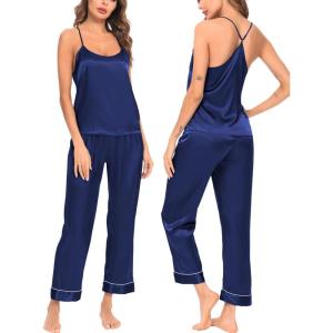 imageSWOMOG Womens Silk Satin Pajama Set CrewNeck Cami and Trouser Pajama Set Sleepwear