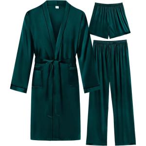 imageSWOMOG Mens 3 PCS Satin Robe with Pants ampamp Shorts Set Kimono Bathrobe Long Sleeve Sleepwear Pjs Sets with PocketsDeep Green