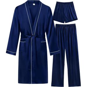 imageSWOMOG Mens 3 PCS Satin Robe with Pants ampamp Shorts Set Kimono Bathrobe Long Sleeve Sleepwear Pjs Sets with PocketsDeep Navy Blue