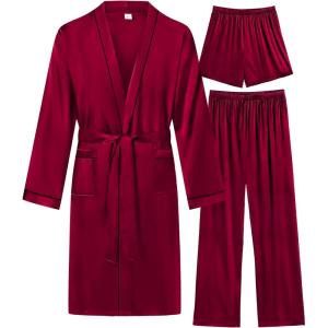 imageSWOMOG Mens 3 PCS Satin Robe with Pants ampamp Shorts Set Kimono Bathrobe Long Sleeve Sleepwear Pjs Sets with PocketsDeep Wine Red