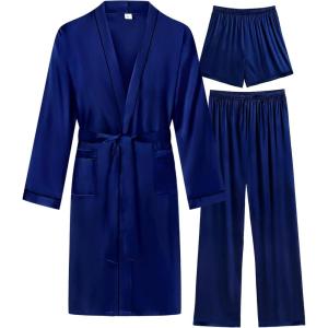 imageSWOMOG Mens 3 PCS Satin Robe with Pants ampamp Shorts Set Kimono Bathrobe Long Sleeve Sleepwear Pjs Sets with PocketsNavy Blue