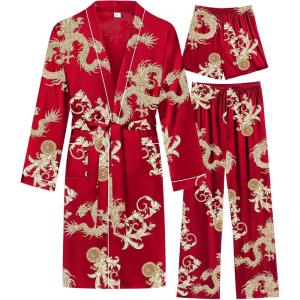imageSWOMOG Mens 3 PCS Satin Robe with Pants ampamp Shorts Set Kimono Bathrobe Long Sleeve Sleepwear Pjs Sets with PocketsRed Dragon