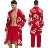 imageSWOMOG Mens 3 Pcs Robe Silk Satin Kimono Bathrobe with ShortsampampPants Set Lightweight Soft SleepwearRed Dragon