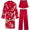 imageSWOMOG Mens 3 Pcs Robe Silk Satin Kimono Bathrobe with ShortsampampPants Set Lightweight Soft SleepwearRed Dragon