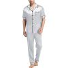 imageSWOMOG Mens Satin Pajama Set Short Sleeve Classic Sleepwear Button Down Silky Loungewear with Long PantsGrey